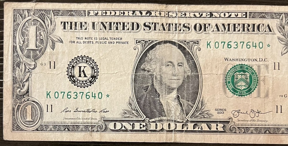 2013 $1 Star Note K07637640* Ink Error!