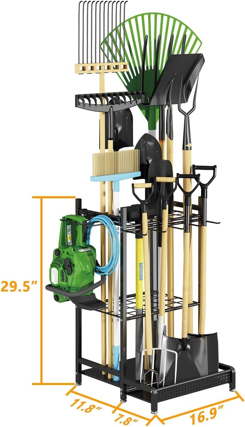 Garden Tool Organizer Garage Utility Storage Racks W/Hooks Metal Yard Tool Stand