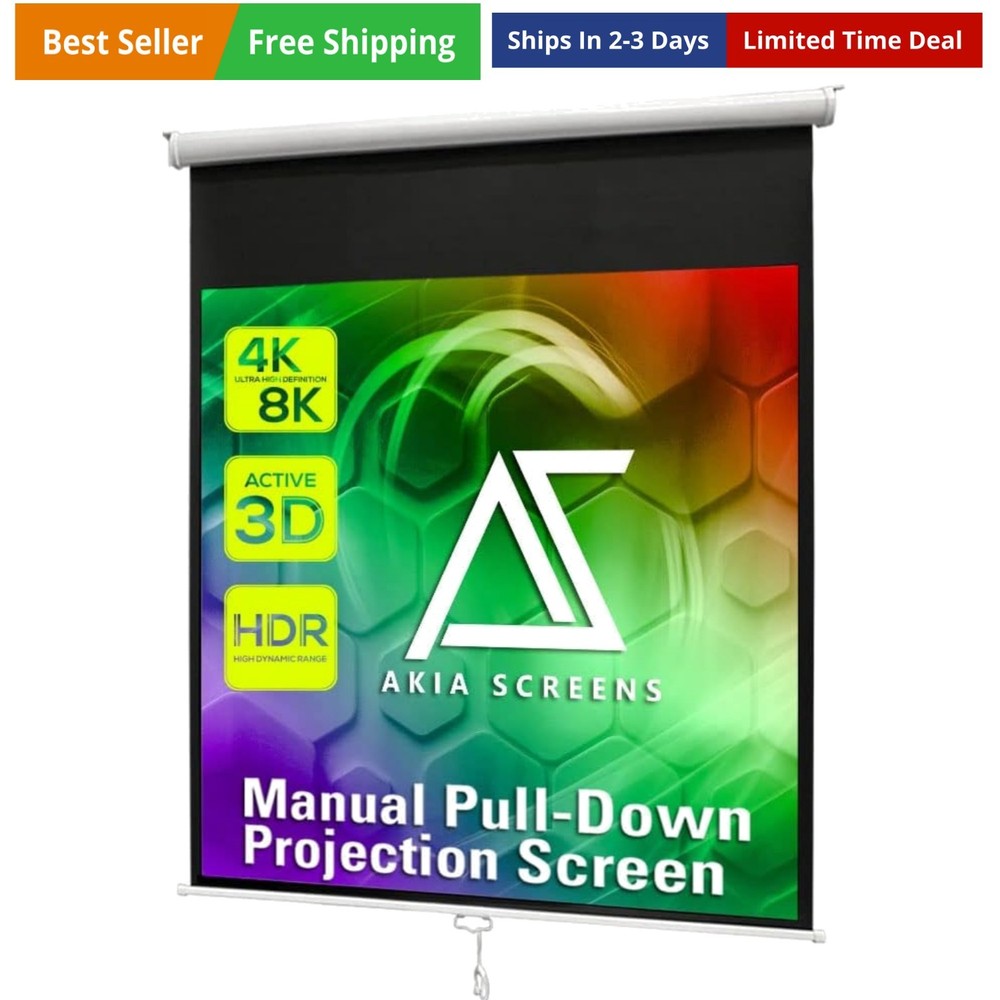 125" Manual Pull Down Projector Screen, 1:1 Retractable Projection Screen, Au...