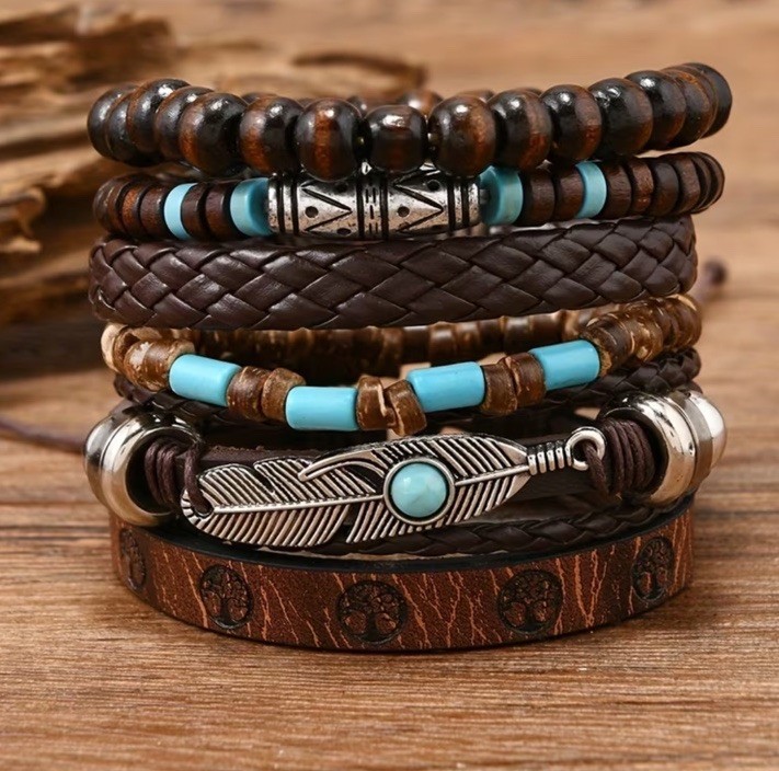 6 PC Leather Western Punk Bracelet Stackable Adjustable Tie New Free Ship C112