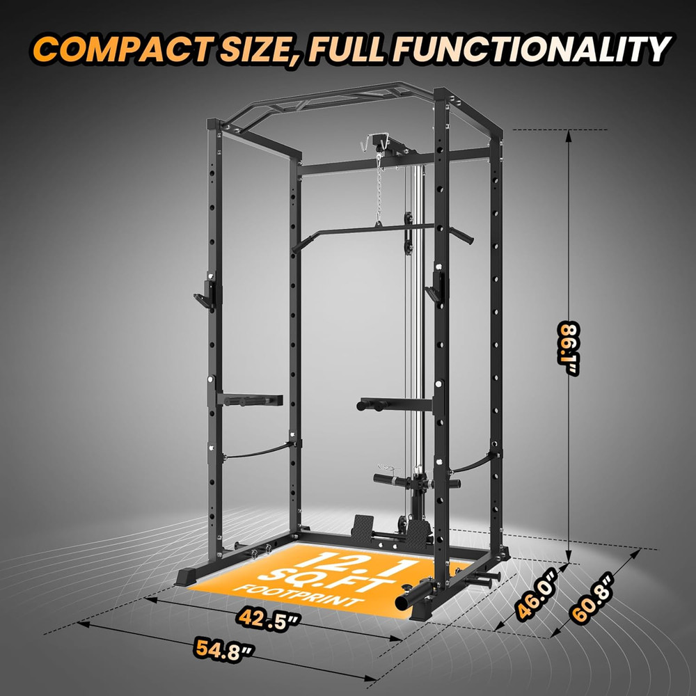 Power Cage, Multi-Function Squat Rack with LAT Pulldown, 1600 LBS Weight Capacit