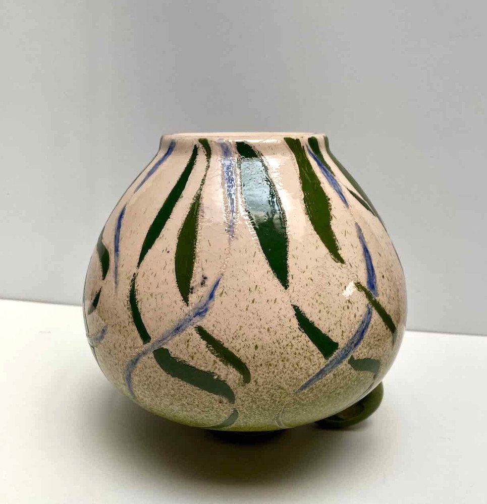 Handmade Pottery Jug Ewer w Handle Applied Multicolor Fish Bubbles Green Signed
