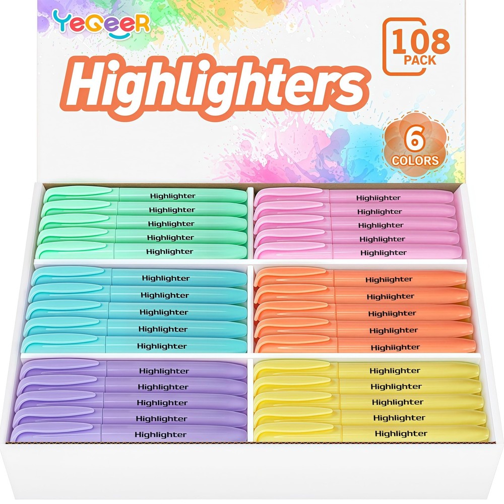 YEGEER Highlighters Bulk, Chisel Tip 1 Count (Pack of 108), Multicolor