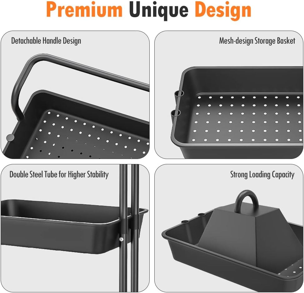 3-Tier Rolling Utility Cart with Wheels, Multi-Function Storage Cart with Lockab