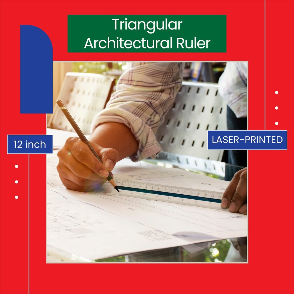 Triangular Ruler, 12 Inch Metal, Triple Sided Color Coded, Imperial Scale, Dr...