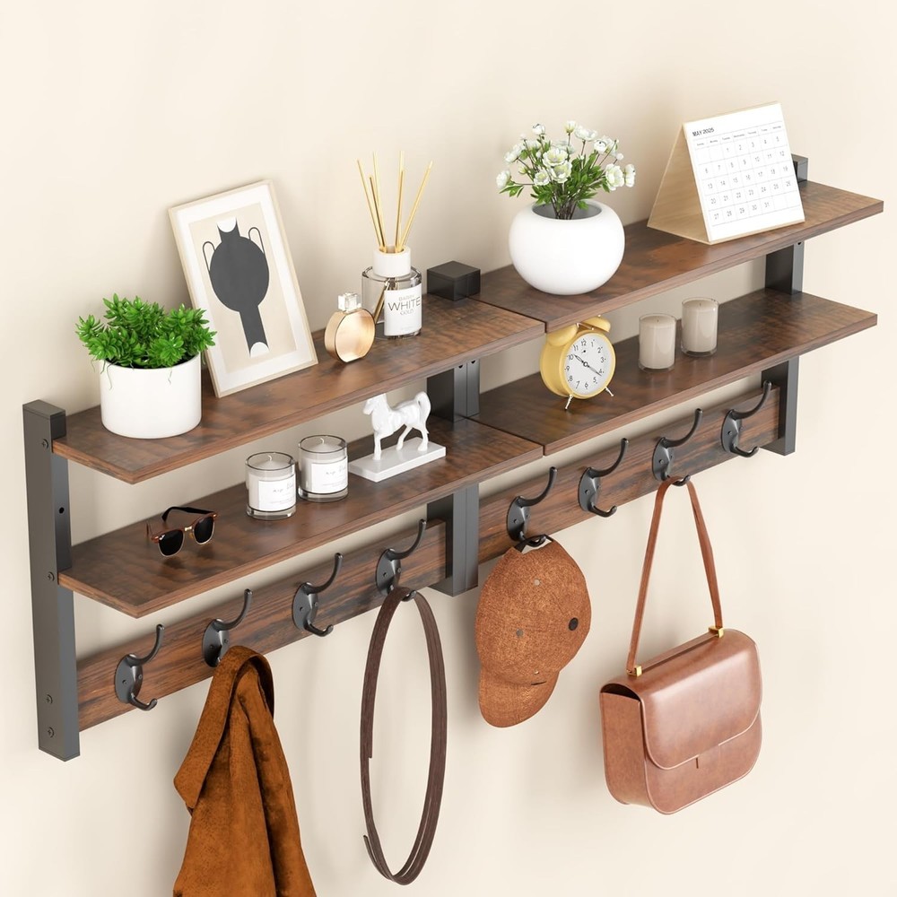 2 Tier Coat Rack Wall Mount with Shelf 33" Hooks Entryway 2 Pack