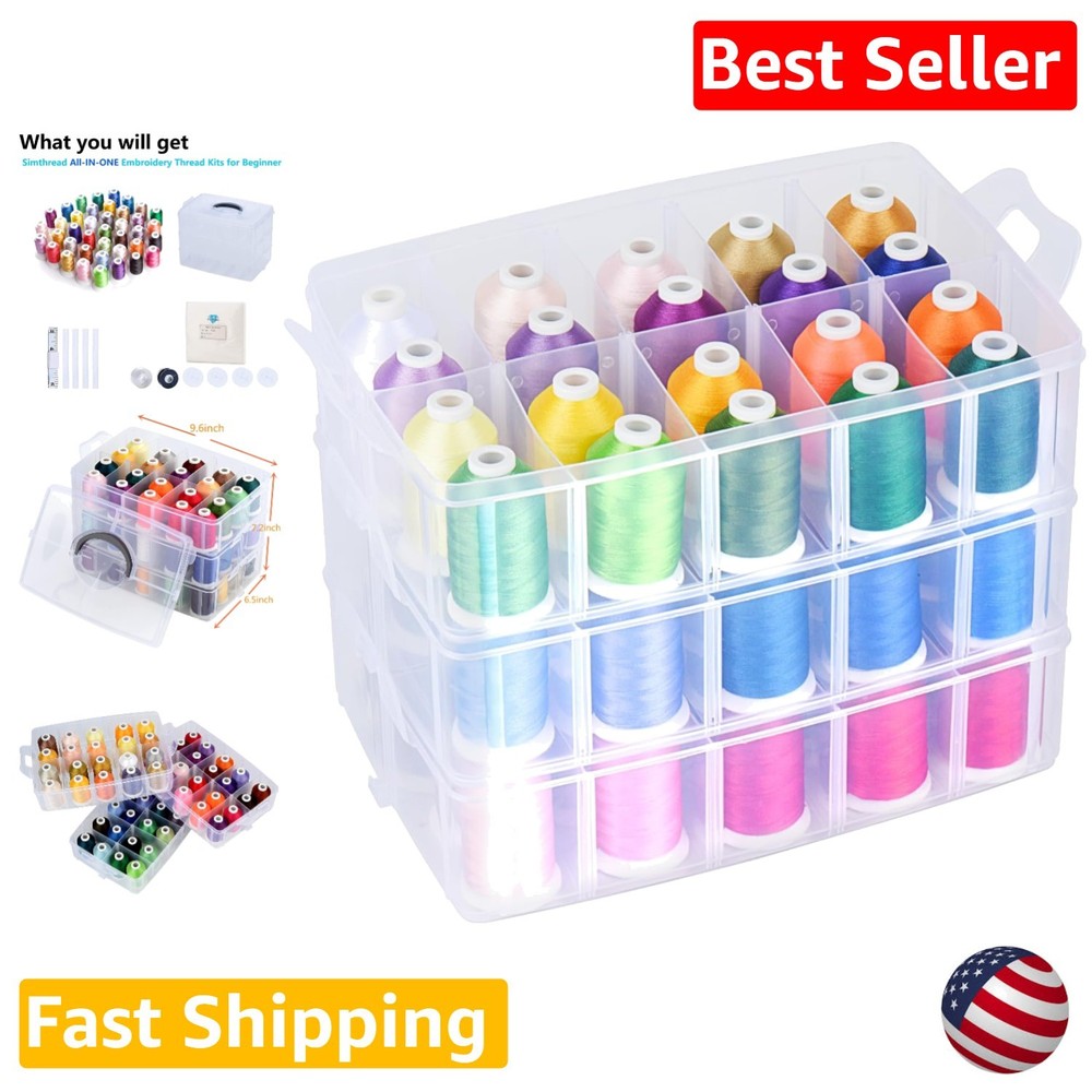 Embroidery Thread 63 Colors - 550yd Polyester Spools, Stackable Box, Starter Kit