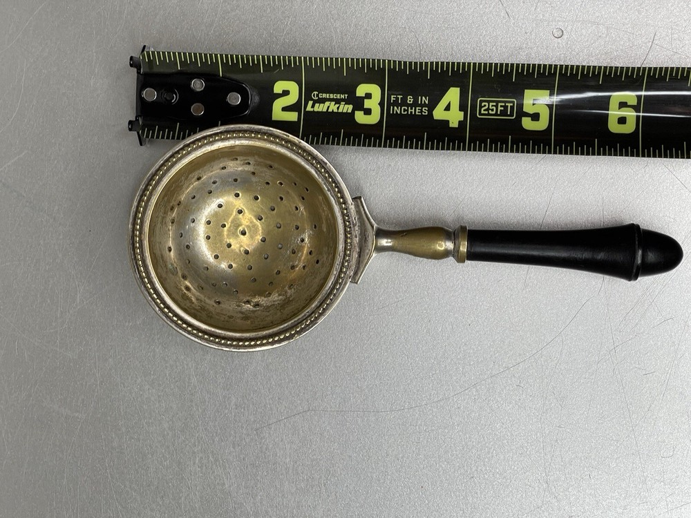 Vintage Antique Brass Tea Strainer with Wood Handle England English