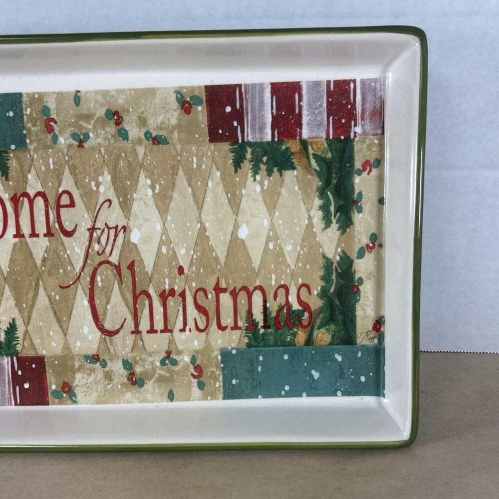 Home For Christmas Stoneware Lime Green Rectangular Serving Platter Retro Vtg