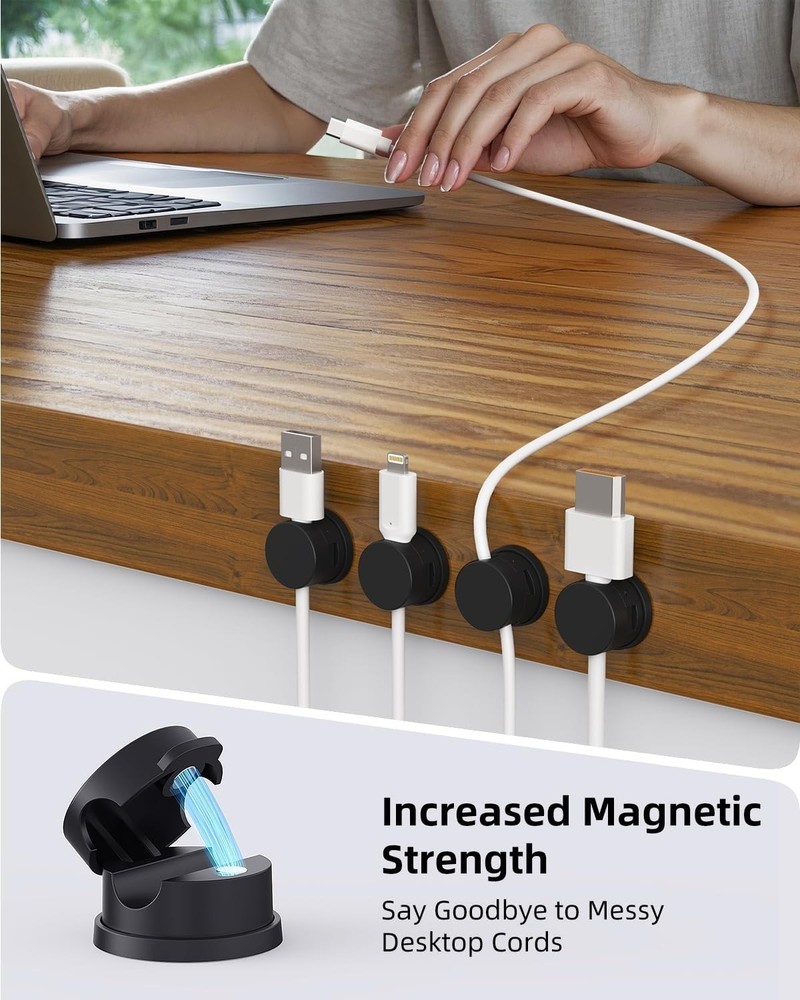 Versatile Magnetic Cable Clips - 6-Pack Black Cord Holders for Home & Office