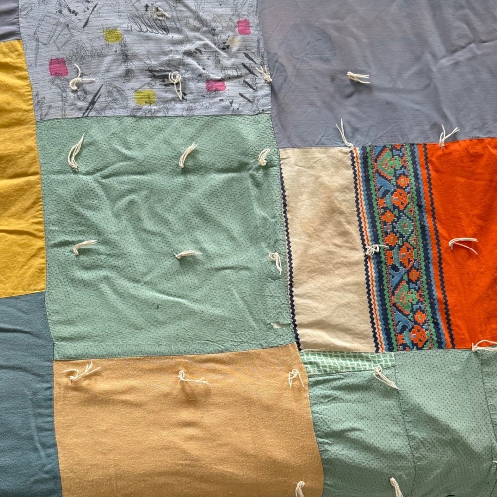 Vintage Patchwork Cutter Quilt 80x64 Thin Tied 70s Upcycle Craft