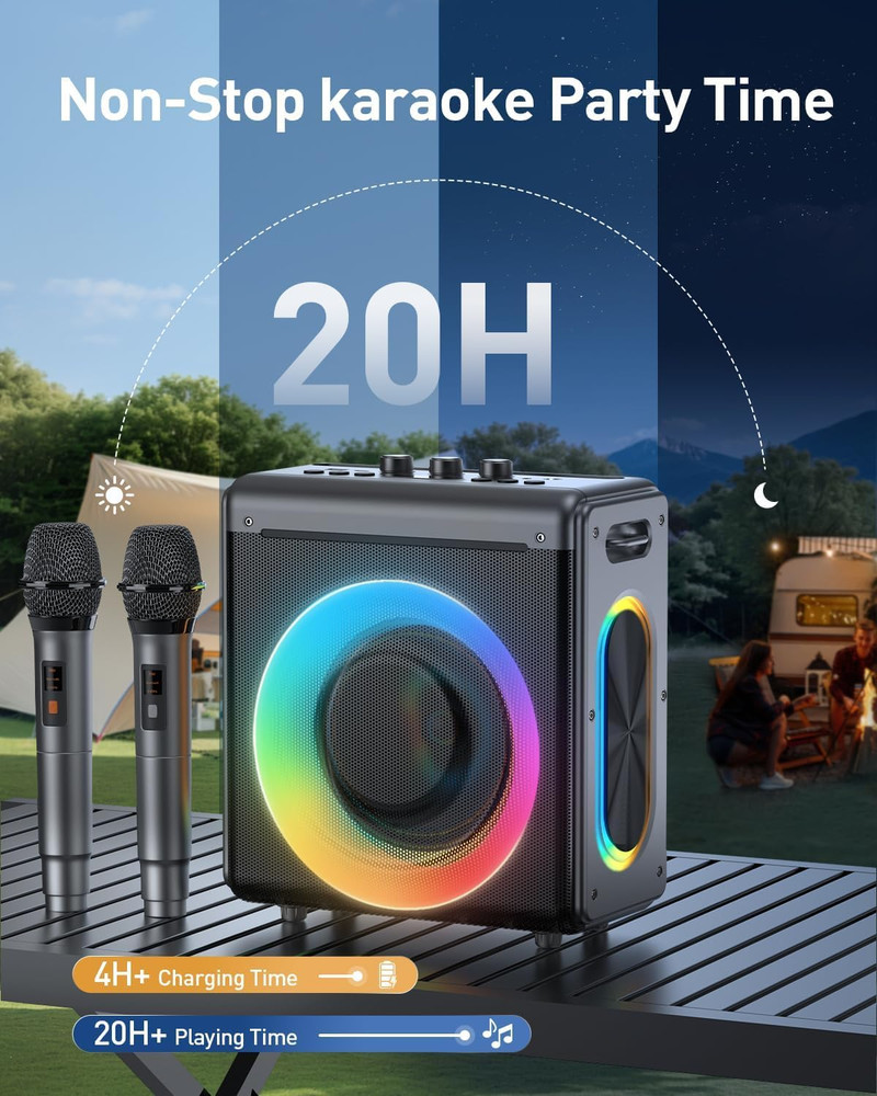 Karaoke Machine with 2 Wireless Rechargeable Microphones: Portable Bluetooth Spe