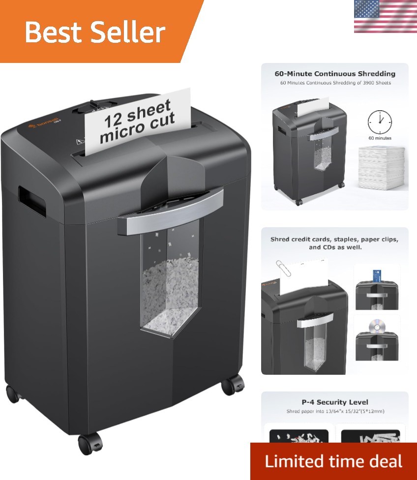 Jam-Proof 12-Sheet Micro Cut Shredder: Portable Design & 60 Min Continuous Use