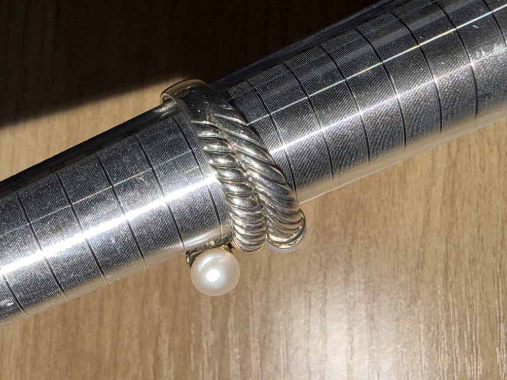 Solid 925 Sterling Silver Rope Adjustable Wire Crossover Ring Pearl 7.5