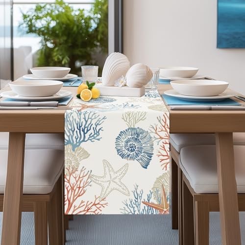 Nautical Coastal Table Runner 13x72 Inch Ocean Themed Coral 13"W x 72"L