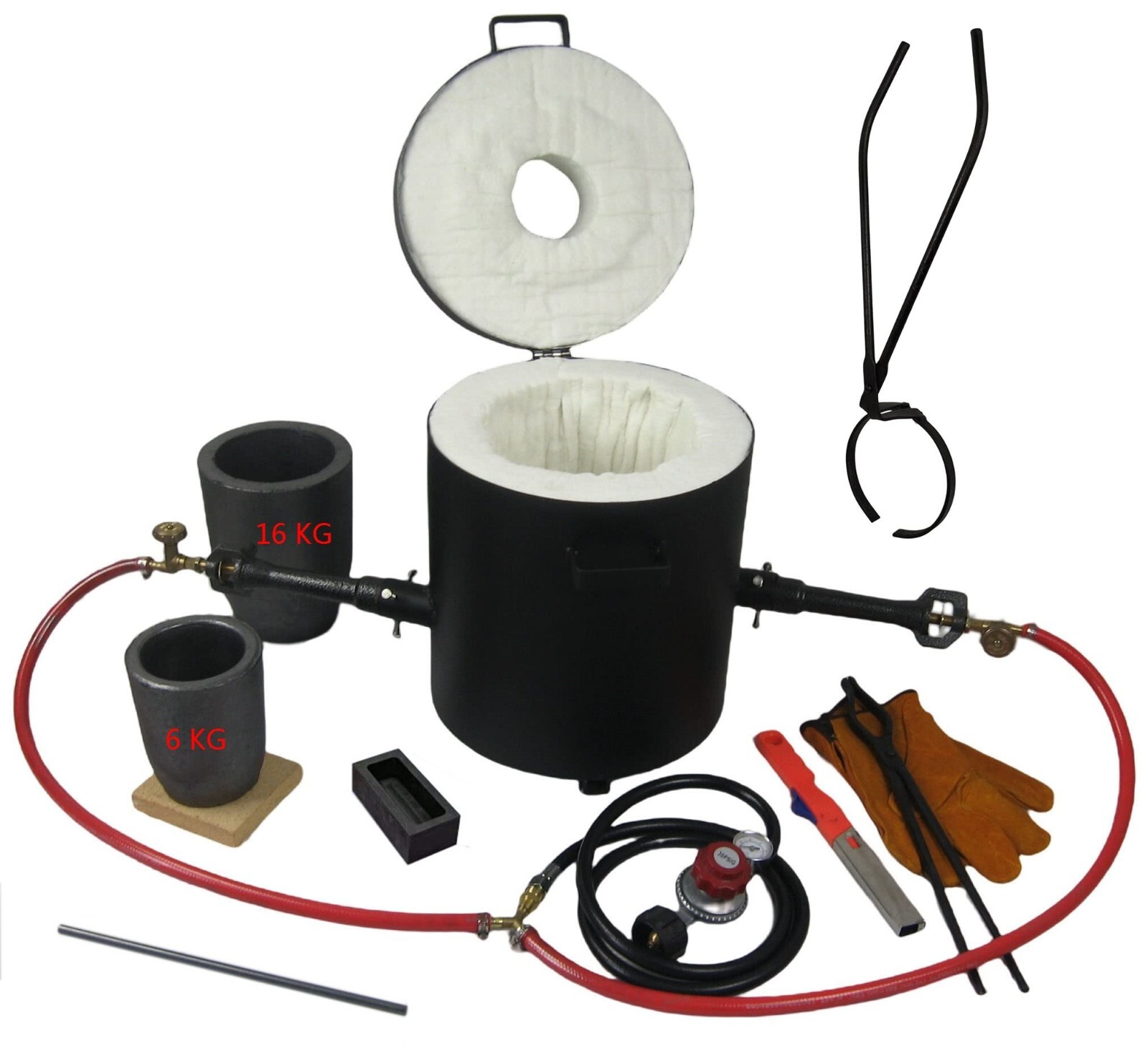 16 KG Metal Melting Furnace Dual Propane Burners with Crucible Tongs Foundry