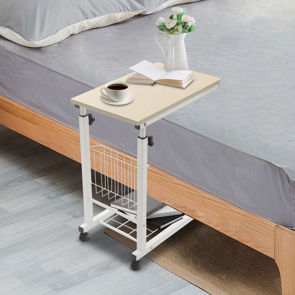 2 Tiers Adjustable Bed Side Table Thickened Mobile Standalone Table w/ Wheels