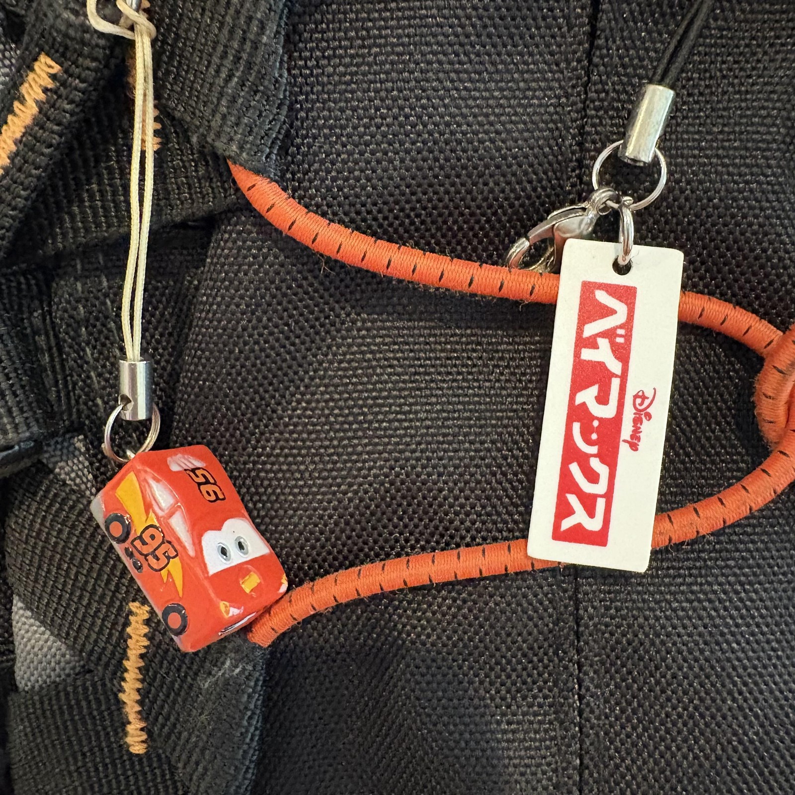 Mini Backpack Black Orange Bungee Mesh Pockets Disney McQueen Baymax Charms