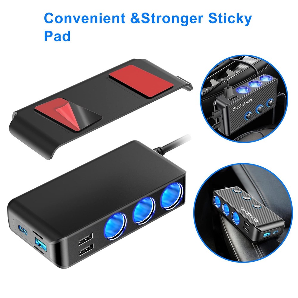 EUGIZMO Cigarette Lighter Adapter, 222W 3 Socket Car Black