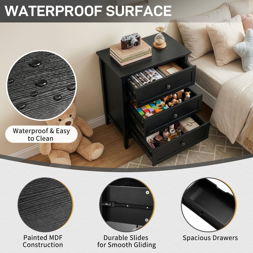 Black P2 MDF Particleboard with Melamine Veneer Three-drawer Bedside Table