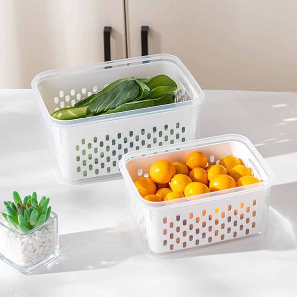 2 Pack Fruit Storage Containers for Fridge with Removable Colanders, Dishwasher