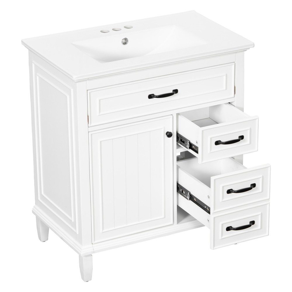 30" White Bathroom Vanity with Ceramic Sink and Solid Wood Cabinet