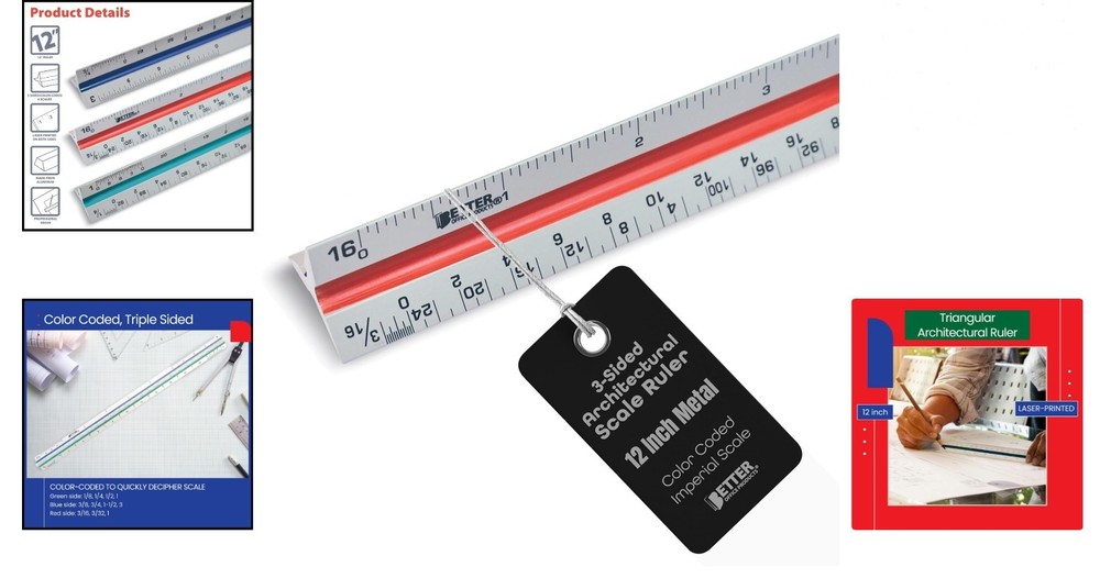 12 Inch Aluminum Triangular Ruler with Color Code for Drafting & Architect Use