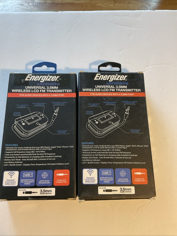 Two Energizer Ultimate Universal 3.5mm Wireless LCD FM Transmitters, Brand New
