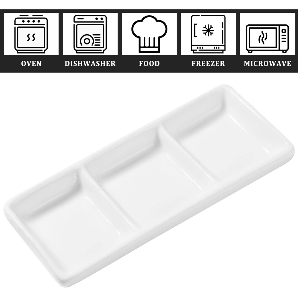 6 Inch White Ceramic Serving Tray 3 Compartment Appetizer Platters Rectangula...