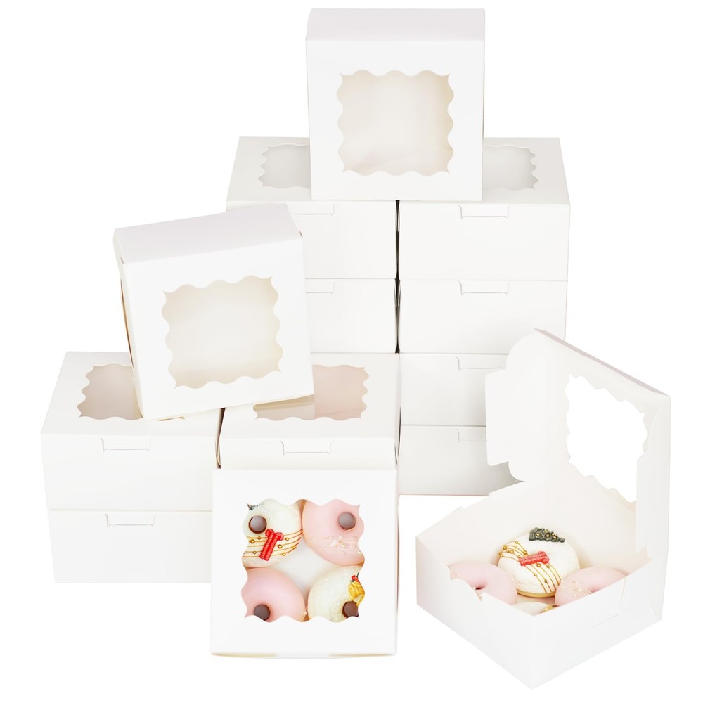 30 PCS White Bakery Boxes Window 6x6x3 Inch Macaroon Pastry Cookie Box Thick