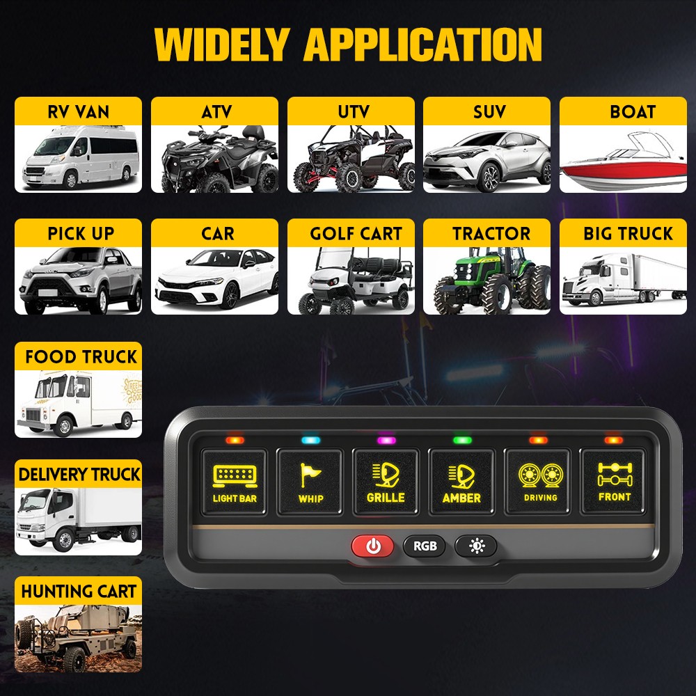 AUXBEAM 6 GANG SLIM LED SWITCH PANEL AUTO DIMMABLE OFF ROAD LIGHT RGB CONTROLLER