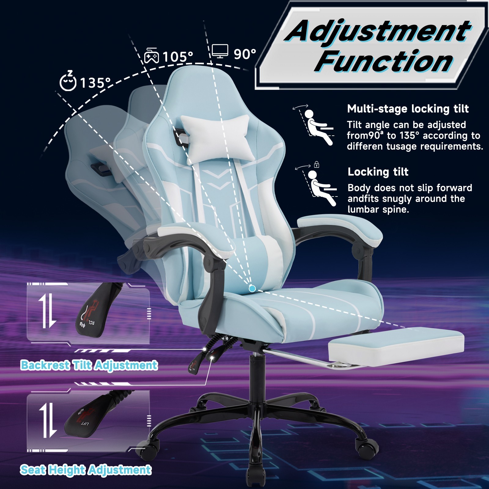 Computer Chair with Footrest and Lumbar Support Height Adjustable Gaming Chair
