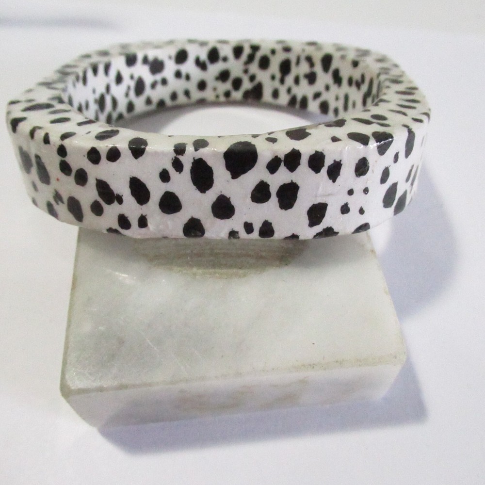White w Black Splatter Spots Wood Bangle Bracelet Squared