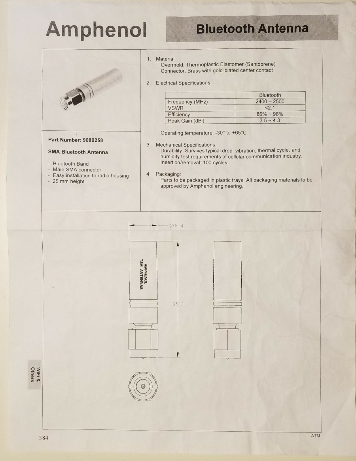 Amphenol 9000258 2.4GHz SMA Bluetooth Antenna