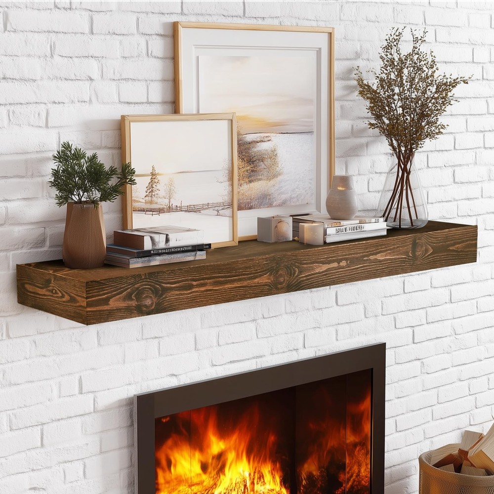 48x3x7in Solid Wood Floating Shelf – Brown Rustic Wall Mounted Fireplace M
