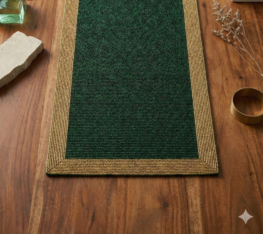 Luxury Emerald Green & Gold Beaded Table Runner - Handcrafted Elegance