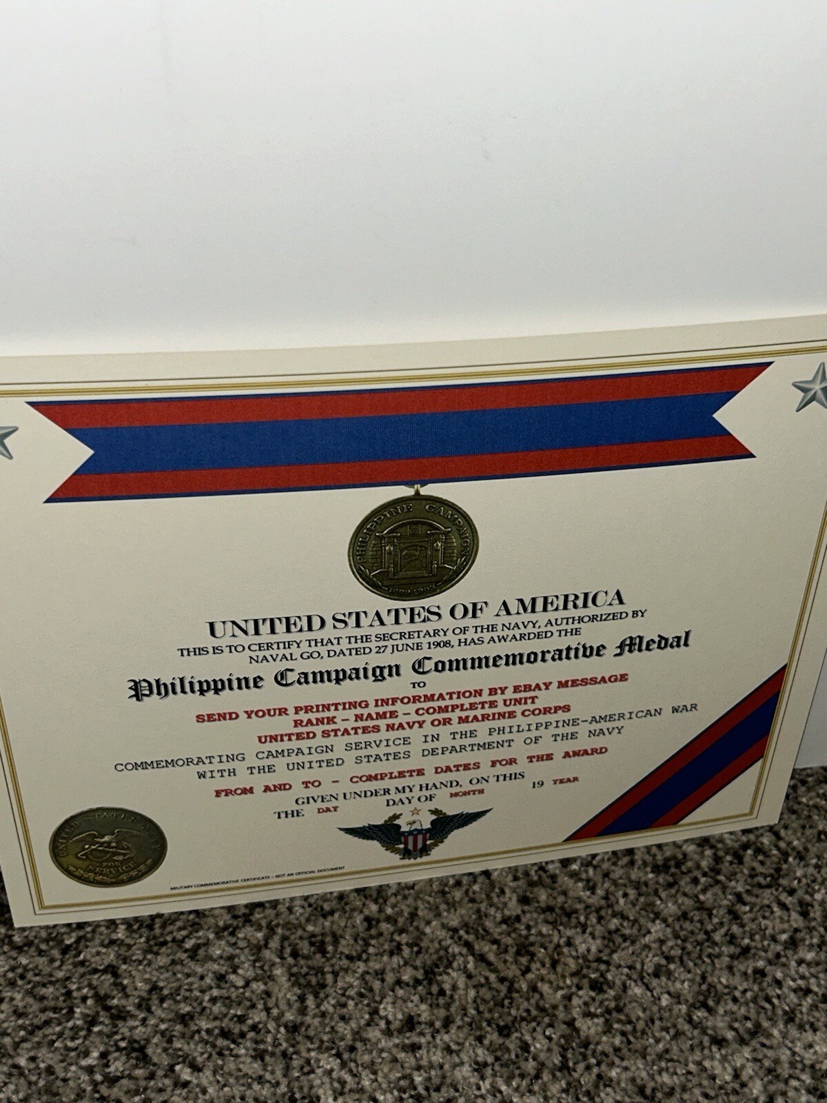 PHILIPPINE CAMPAIGN (NAVY) COMMEMORATIVE MEDAL CERTIFICATE ~ W/PRINTING TYPE-1