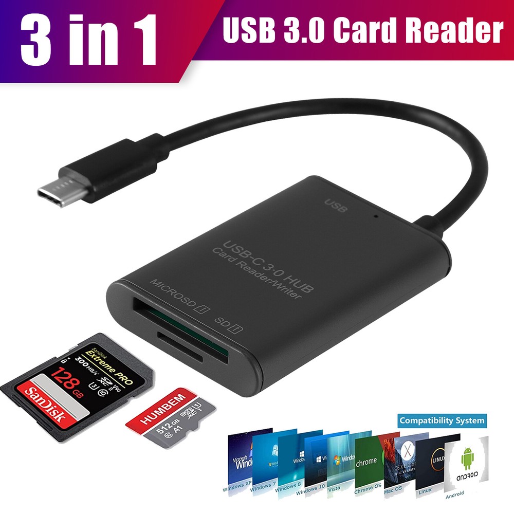 3 in 1 USB C to SD Card Reader Writer OTG Adapter Micro SD Memory Card Reader