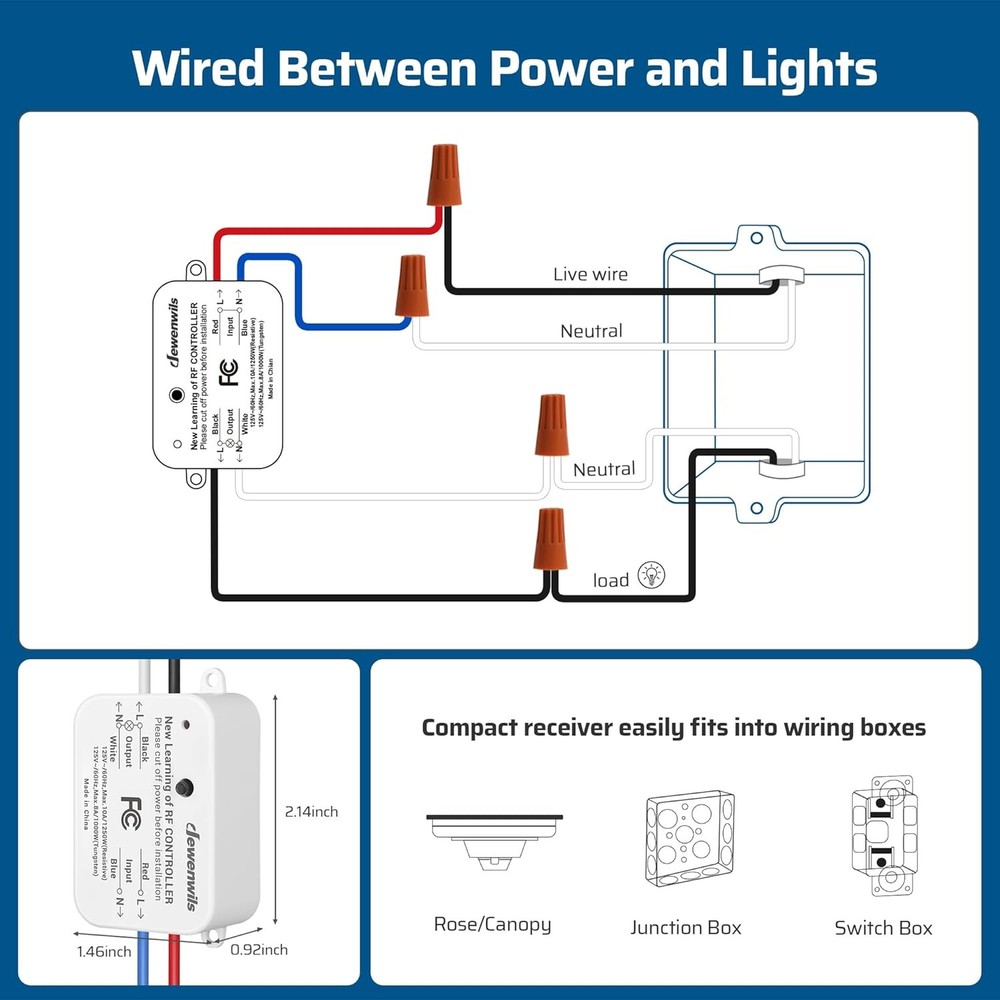 Wireless Remote Light Switch Kit, Programmable, No Wiring, 100 Ft RF Range