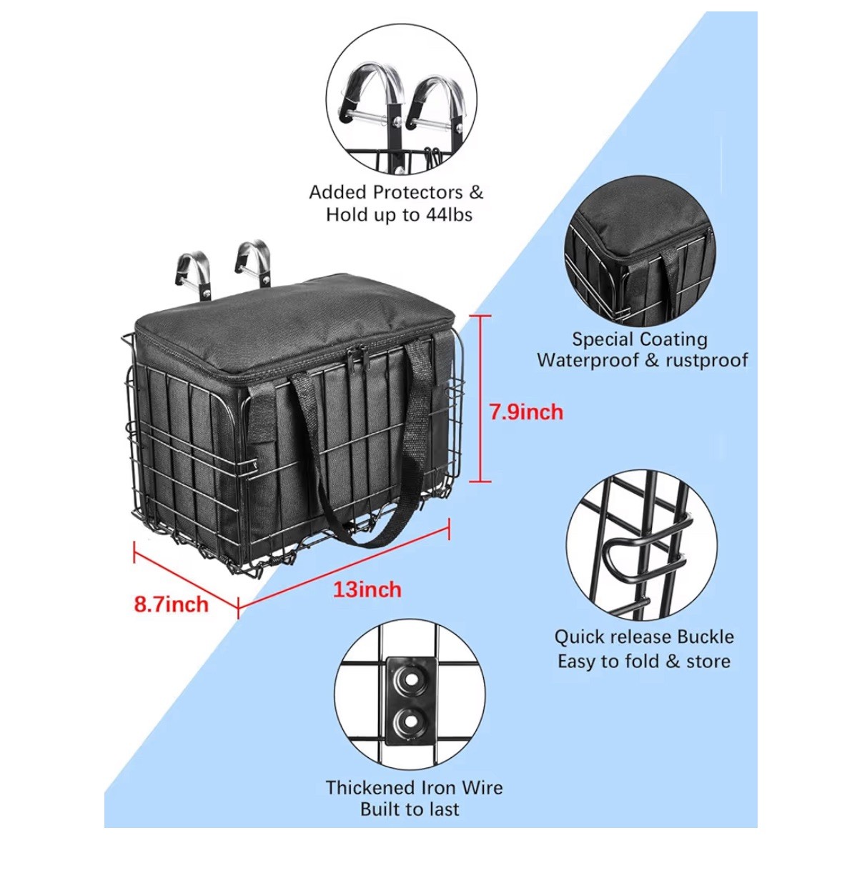 Bike Basket Front Folding Bicycle Basket with Removable Liner Bag, Quick Release