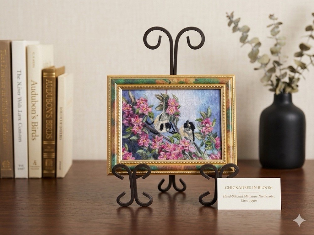 Hand- Stitched ‘Spring Chickadees’ Mini Needlepoint Wall Decor