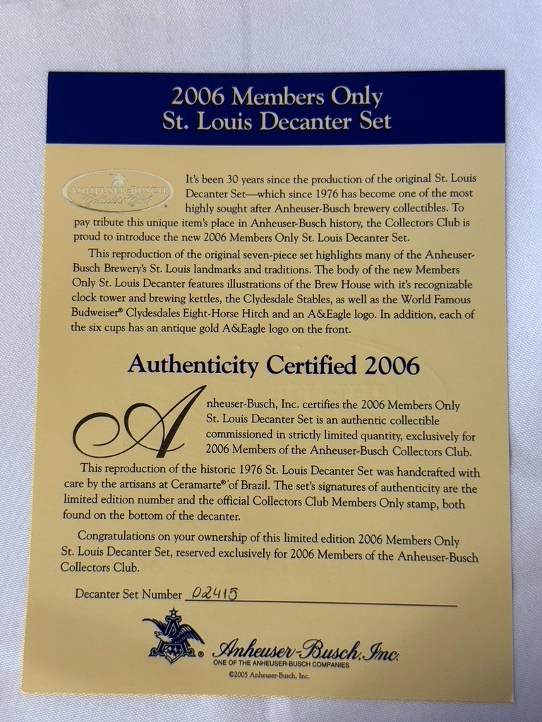 St. Louis Decanter Set CB38 Anheuser-Busch Collector's Club 2006