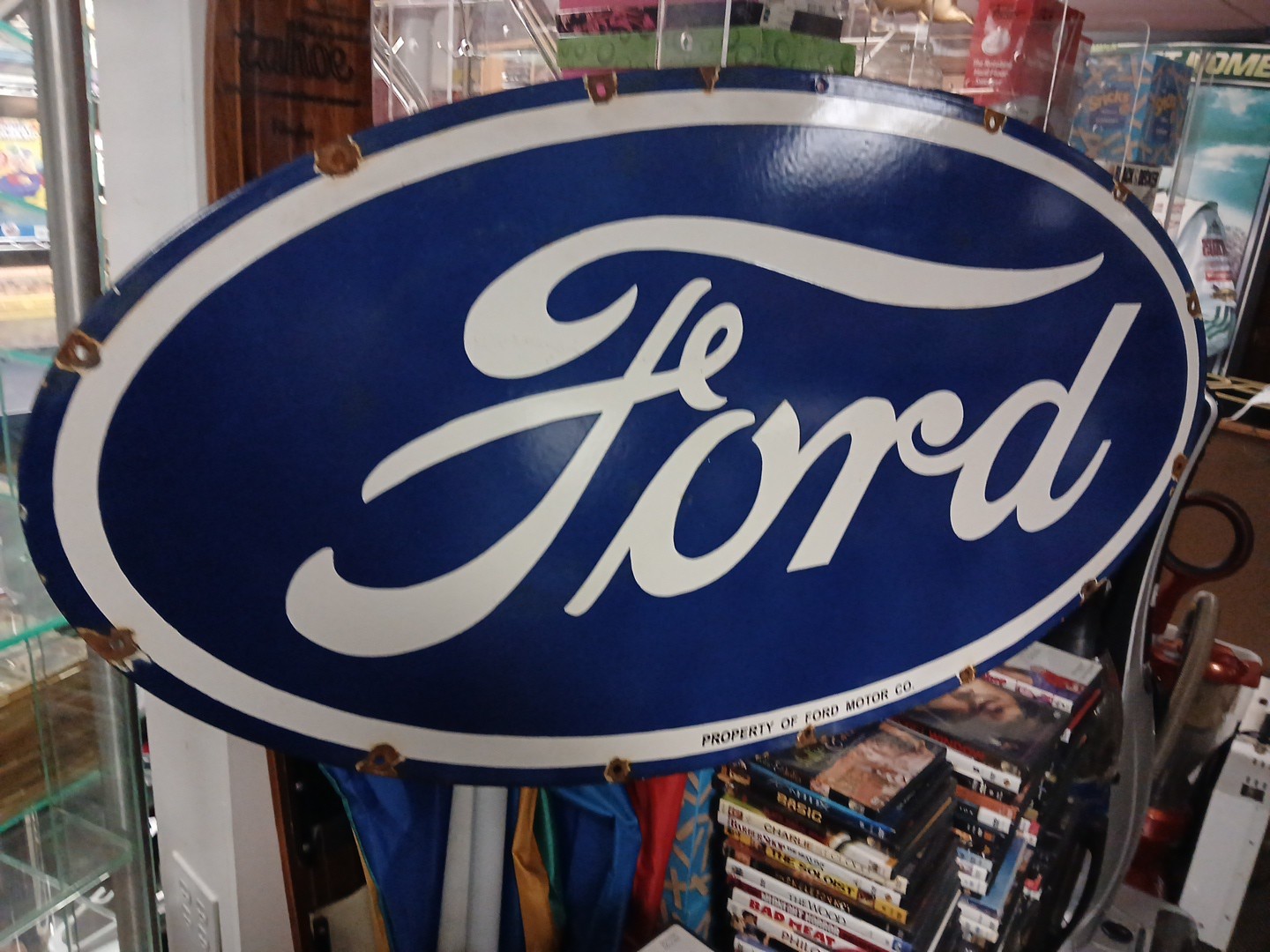 VINTAGE LARGE FORD PORCELAIN METAL SIGN 4FT CAR TRUCK AUTO DEALER SALES SERVICE