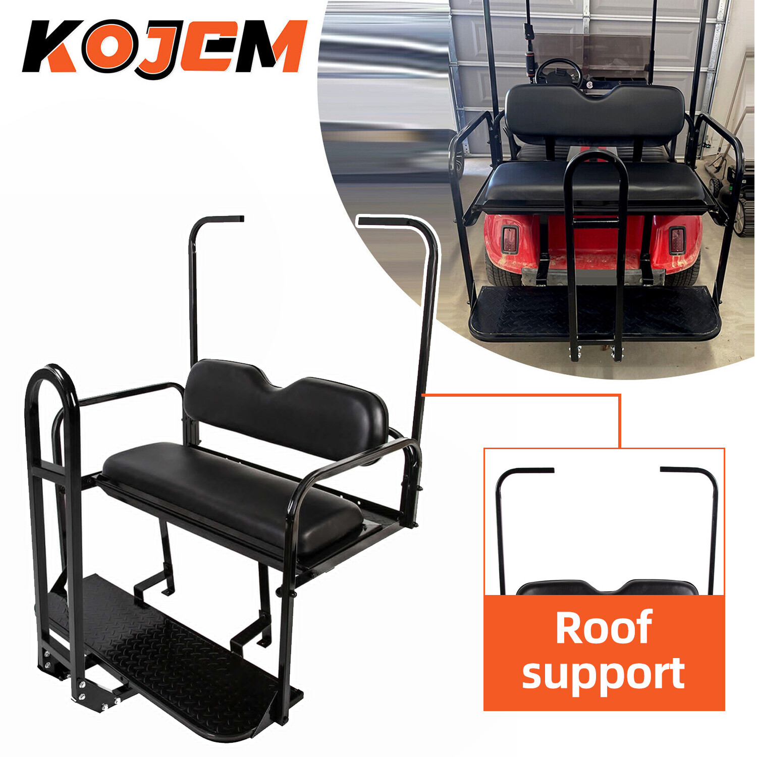 Golf Cart Black Rear Flip Folding Seat Kit + Grab Bar For EZGO TXT 1995-Up