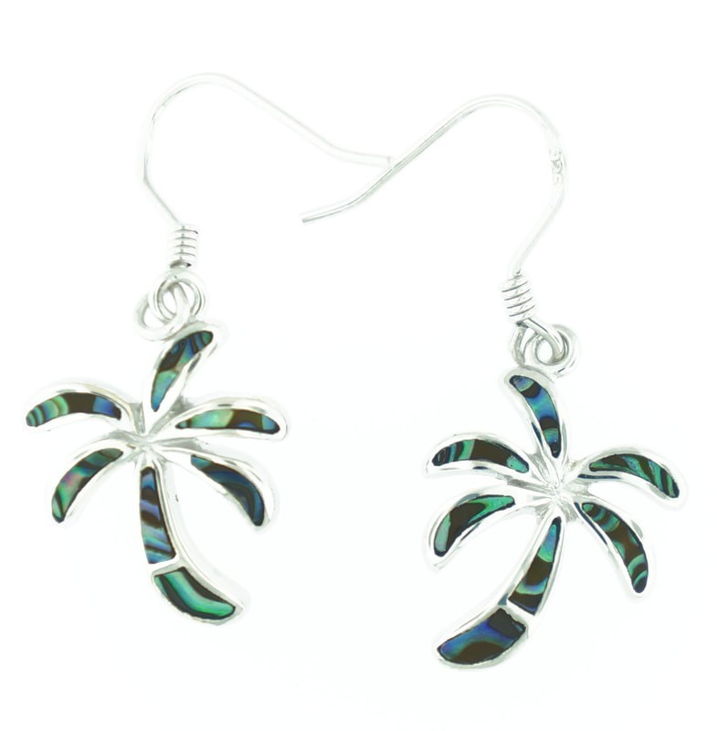 Solid 925 Sterling Silver Natural Abalone Shell Women's Palm Tree Drop Earrings