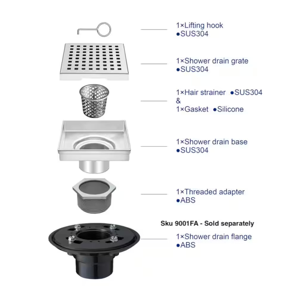 6 In. Square Stainless Steel Shower Drain - Square Hole Pattern