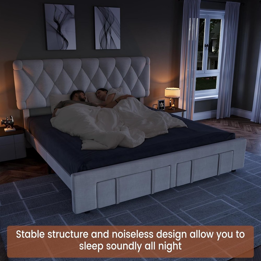 🔵Queen Size Modern Upholstered Platform Bed Frame with Storage Drawers Headboar