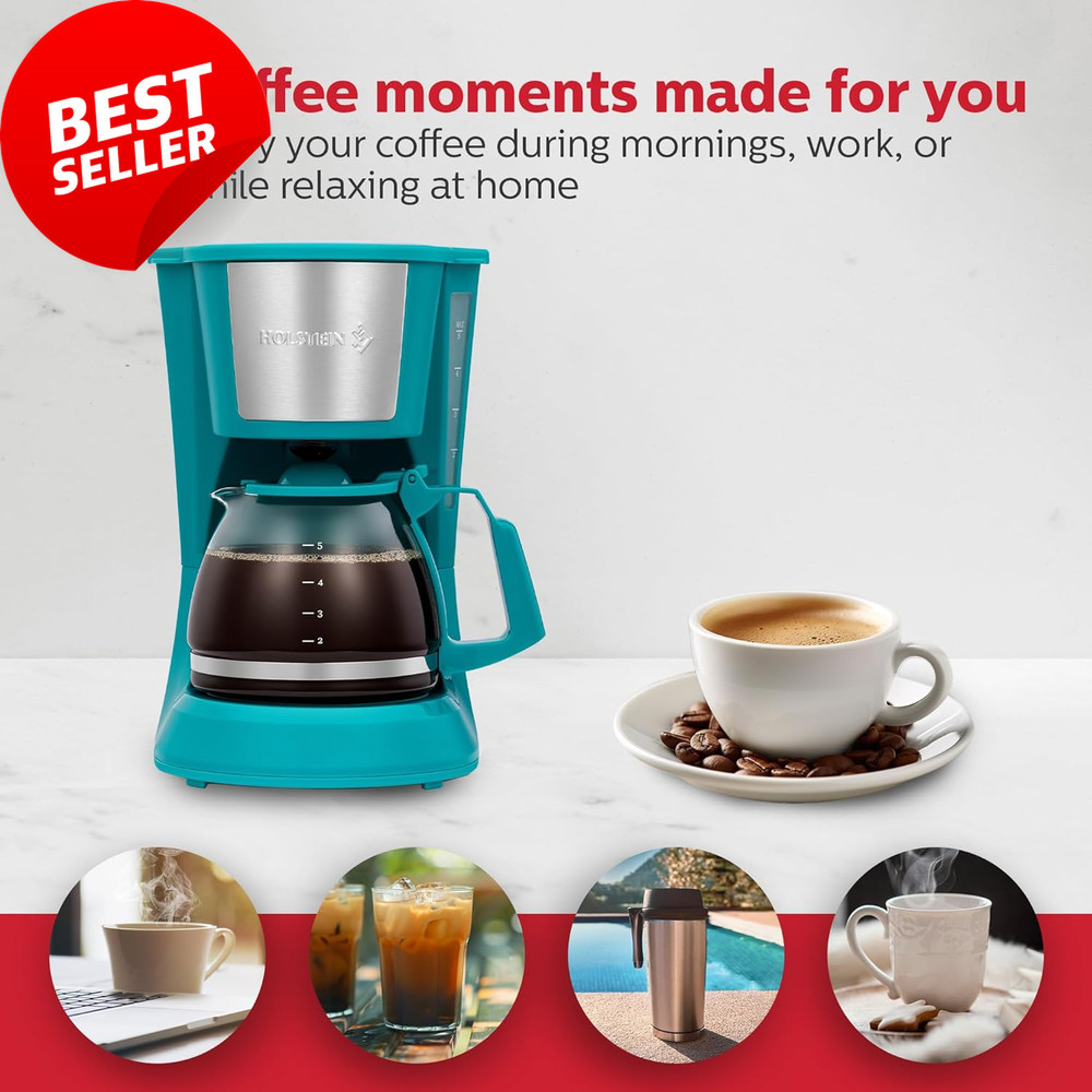 5-Cup Drip Coffee Maker, Auto Pause, Reusable Filter, Glass Carafe, Teal