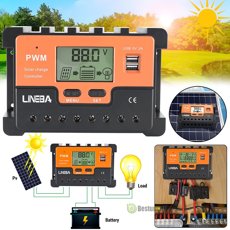 100A 60A 30A 12V/24V/48V Solar panel kit Charge Controller LCD Regulator 2 USB