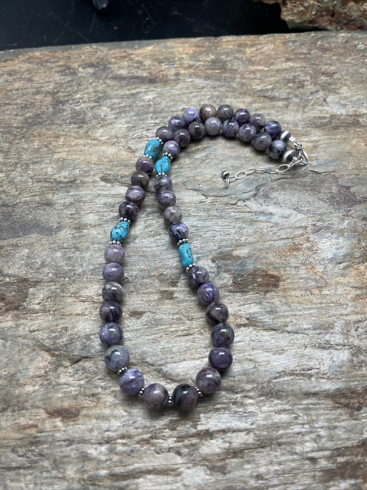 Sterling Silver Charoite Bead Necklace.